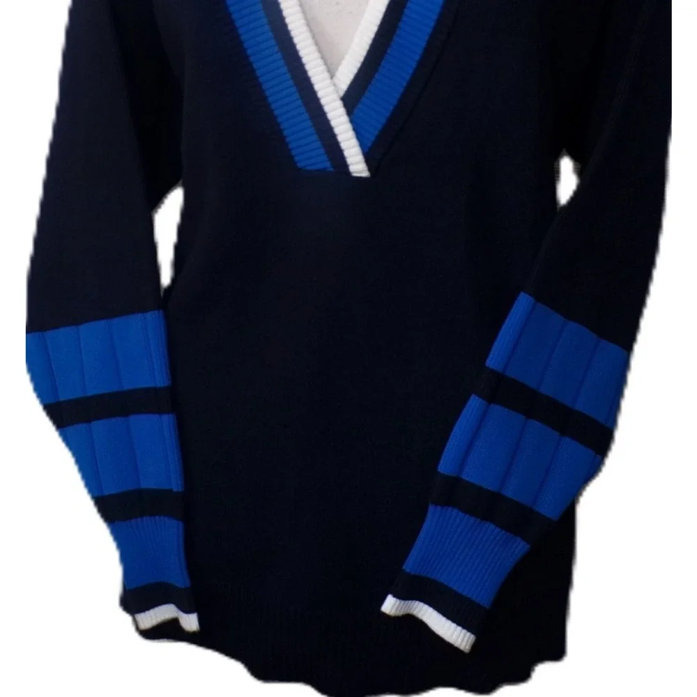 Lacoste V Sweater M Oversized Navy Color Block Tennis Jumper Big Alligator - Picture 11 of 16